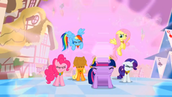 Size: 1280x720 | Tagged: safe, artist:capnpea, edit, edited screencap, screencap, character:applejack, character:fluttershy, character:pinkie pie, character:rainbow dash, character:rarity, character:twilight sparkle, episode:the return of harmony, g4, my little pony: friendship is magic, discorded landscape, elements of harmony, expanding, fimbriae, mane six, purple sky