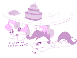 Size: 1000x759 | Tagged: safe, artist:dstears, character:scootaloo, character:sweetie belle, species:pegasus, species:pony, episode:call of the cutie, g4, my little pony: friendship is magic, cake, cookie, cupcake, dialogue, duo, food, hiding, limited palette, monochrome, reference, scene interpretation, selective color, simple background, table, white background