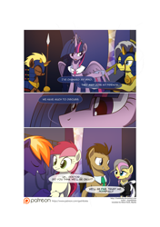 Size: 3541x5016 | Tagged: safe, artist:gashiboka, character:doctor whooves, character:roseluck, character:time turner, character:twilight sparkle, character:twilight sparkle (alicorn), oc, oc:flora, oc:sundown, species:alicorn, species:pony, comic:recall the time of no return, comic, female, grimdark series, mare, patreon, patreon logo