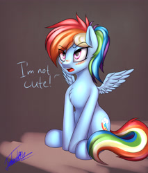 Size: 4000x4700 | Tagged: safe, artist:elzzombie, character:rainbow dash, species:pegasus, species:pony, blatant lies, blushing, chest fluff, cute, dashabetes, embarrassed, female, fluffy, glare, i'm not cute, mare, open mouth, ponytail, sitting, solo, spread wings, truth, tsunderainbow, tsundere, wings