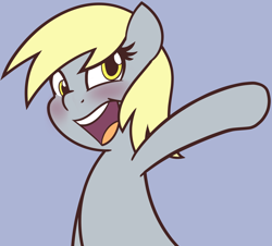 Size: 1280x1158 | Tagged: safe, artist:furrgroup, character:derpy hooves, species:pegasus, species:pony, blushing, female, gray background, happy, looking at you, mare, open mouth, raised hoof, simple background, smiling, solo