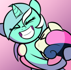 Size: 1280x1266 | Tagged: safe, artist:furrgroup, character:bon bon, character:lyra heartstrings, character:sweetie drops, species:earth pony, species:pony, species:unicorn, ship:lyrabon, adorabon, cute, eyes closed, female, hug, irrational exuberance, lesbian, lyrabetes, mare, open mouth, pink background, shipping, simple background, smiling, xd