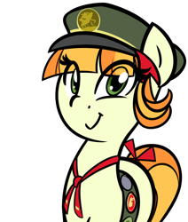 Size: 1280x1507 | Tagged: safe, artist:furrgroup, character:tag-a-long, character:thin mint, species:pony, clothing, female, filly, filly guides, hat, looking at you, merit badge, necktie, simple background, smiling, solo, tag-a-long, tail bow, vest, white background