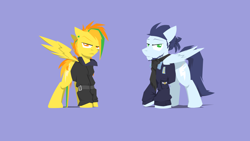 Size: 1280x720 | Tagged: safe, artist:captainhoers, character:soarin', character:spitfire, species:pegasus, species:pony, ship:soarinfire, beard, clothing, cutie mark, dyed mane, facial hair, female, hooves, implied soarinfire, jacket, lineless, looking at you, male, mare, older, purple background, scarf, shipping, simple background, spread wings, stallion, straight, topknot, wings, wonderbolts