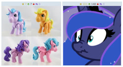 Size: 622x338 | Tagged: safe, artist:furrgroup, official, character:applejack (g1), character:buttons (g1), character:firefly, character:lickety split, character:princess luna, derpibooru, g1, derp, exploitable meme, irl, juxtaposition, juxtaposition win, meme, meta, nose wrinkle, photo, posable, scrunchy face, simple background, tail bow, toy, wide eyes