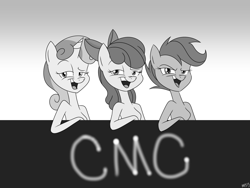 Size: 2400x1800 | Tagged: safe, artist:mofetafrombrooklyn, character:apple bloom, character:scootaloo, character:sweetie belle, species:anthro, species:pegasus, species:pony, barbie doll anatomy, black and white, cutie mark crusaders, grayscale, monochrome