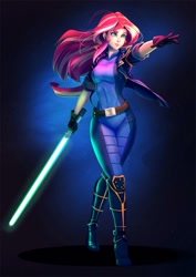 Size: 990x1400 | Tagged: safe, artist:bakki, character:sunset shimmer, species:human, clothing, colored pupils, commission, crossover, female, full body, humanized, jedi, lightsaber, mara jade, smiling, solo, star wars, weapon