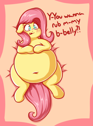 Size: 1560x2103 | Tagged: safe, artist:graphenescloset, character:fluttershy, belly, belly button, bellyrubs, big belly, blushing, dialogue, fat, fattershy, female, obese, offscreen character, on back, solo