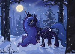 Size: 1000x727 | Tagged: safe, artist:spainfischer, character:princess luna, female, forest, moon, snow, snowfall, solo, tower, tree, winter