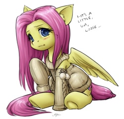 Size: 899x864 | Tagged: safe, artist:alloyrabbit, character:fluttershy, blue eyes, blushing, bottomless, clothing, compa sweater, cute, digital art, ear fluff, female, leg warmers, light yellow sweater, looking at you, macro, off shoulder, off shoulder sweater, partial nudity, pink hair, pink mane, pink tail, pom pom (clothes), raised hoof, simple background, sitting, solo, sweater, sweatershy, text, underhoof, white background, yellow coat, yellow sweater