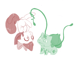 Size: 1000x804 | Tagged: safe, artist:dstears, part of a set, character:apple bloom, bulbasaur, cmc cape, confused, crossover, duo, floppy ears, frown, gotta catch 'em all, hung upside down, limited palette, pokémon, raised eyebrow, simple background, upside down, vine, white background, wide eyes