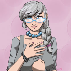 Size: 1500x1500 | Tagged: safe, artist:moronsonofboron, character:silver spoon, species:human, breasts, busty silver spoon, crying, female, humanized, older, older silver spoon, smiling, solo