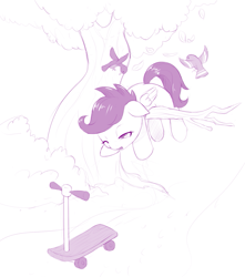 Size: 885x1000 | Tagged: safe, artist:dstears, character:scootaloo, species:bird, species:pegasus, species:pony, accident, crash, derp, dizzy, female, filly, monochrome, purple, scootacrash, scooter, solo, tree