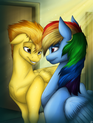 Size: 3000x4000 | Tagged: safe, artist:lupiarts, character:rainbow dash, character:spitfire, species:pegasus, species:pony, ship:spitdash, crepuscular rays, duo, female, lesbian, mare, sexy eyes, shipping