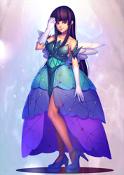 Size: 990x1400 | Tagged: safe, artist:bakki, character:twilight sparkle, species:human, beautiful, clothing, commission, dress, evening gloves, female, gloves, high heels, humanized, long gloves, long hair, looking at you, princess dress, smiling, solo, wings