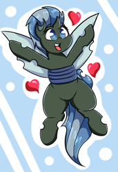 Size: 1193x1743 | Tagged: safe, artist:graphenescloset, oc, oc only, oc:nirvana, species:changeling, blue changeling, blue eyes, changeling oc, cheering, cute, cuteling, female, flying, happy, heart, horn, note expansion, ocbetes, open mouth, smiling, solo, spread wings, wings