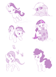 Size: 1280x1752 | Tagged: safe, artist:dstears, character:applejack, character:fluttershy, character:pinkie pie, character:rainbow dash, character:rarity, character:twilight sparkle, episode:the cutie mark chronicles, g4, my little pony: friendship is magic, cute, dashabetes, diapinkes, filly, filly applejack, filly fluttershy, filly pinkie pie, filly rainbow dash, filly rarity, filly twilight sparkle, floppy ears, jackabetes, mane six, monochrome, partial color, raribetes, rarity being dragged to her destiny, shyabetes, spike's egg, twiabetes, younger