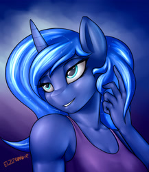 Size: 3300x3800 | Tagged: safe, artist:elzzombie, character:princess luna, species:anthro, breasts, clothing, female, no nose, solo, tank top