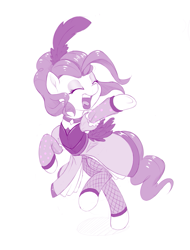 Size: 835x1100 | Tagged: safe, artist:dstears, character:pinkie pie, species:earth pony, species:pony, episode:over a barrel, g4, my little pony: friendship is magic, alternate hairstyle, clothing, dress, eyes closed, feather, female, fishnets, monochrome, open mouth, purple, raised hoof, saloon dress, saloon pinkie, simple background, singing, solo, stockings, white background