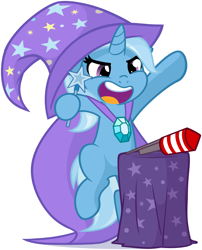 Size: 2259x2795 | Tagged: dead source, safe, artist:furrgroup, character:trixie, species:pony, species:unicorn, cape, clothing, cute, diatrixes, female, filly, fireworks, hat, mare, necklace, open mouth, simple background, solo, trixie's cape, trixie's hat, wand, white background, wizard hat, younger