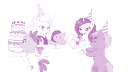 Size: 1200x681 | Tagged: safe, artist:dstears, character:pinkamena diane pie, character:pinkie pie, episode:party of one, g4, my little pony: friendship is magic, cake, clothing, food, hat, madame leflour, monochrome, monocle, mr. turnip, party hat, plushie, ponified, purple, rocky, role reversal, sir lintsalot