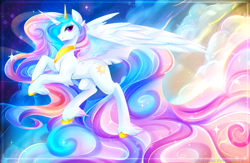 Size: 3592x2338 | Tagged: safe, artist:koveliana, character:princess celestia, species:alicorn, species:pony, g4, bedroom eyes, chest fluff, chromatic aberration, color porn, colored hooves, cute, cutelestia, ear fluff, ethereal mane, female, leg fluff, lidded eyes, looking at you, mare, profile, solo, transparent wings, unshorn fetlocks, wallpaper, wings