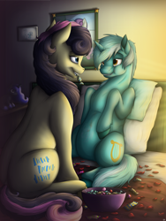 Size: 3000x4000 | Tagged: safe, artist:lupiarts, character:bon bon, character:lyra heartstrings, character:princess luna, character:sweetie drops, species:earth pony, species:pony, species:unicorn, ship:lyrabon, bed, bedroom, bedroom eyes, belly, blanket, candy, chubby, fat, feeder bon bon, feeding, female, food, lesbian, lyra feedee, picture, pillow, plushie, shipping, sitting, stuffed, stuffing, unshorn fetlocks