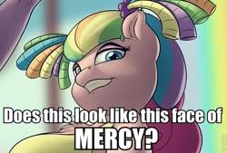 Size: 619x419 | Tagged: safe, artist:skipsy, edit, character:pinkie pie, episode:rainbow falls, g4, my little pony: friendship is magic, cheerleader pinkie, cropped, face of mercy, image macro, impact font, meme
