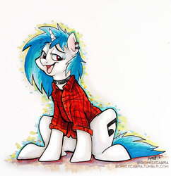 Size: 600x621 | Tagged: safe, artist:spainfischer, character:dj pon-3, character:vinyl scratch, background pony, clothing, collar, dreamworks face, female, open mouth, red eyes, signature, sitting, solo, wrong eye color