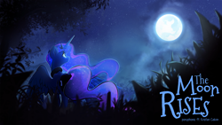 Size: 1920x1080 | Tagged: safe, artist:darkflame75, character:princess luna, species:alicorn, species:pony, ethereal mane, female, galaxy mane, grass, looking up, mare, moon, night, solo, spread wings, the moon rises, wallpaper, wings