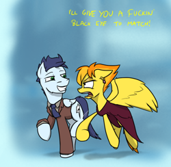 Size: 800x780 | Tagged: safe, artist:captainhoers, character:soarin', character:spitfire, species:pegasus, species:pony, blue background, clothing, dialogue, duo, evening dress, simple background, vulgar