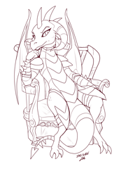 Size: 1280x1850 | Tagged: safe, artist:bluntwhiskey, character:princess ember, species:dragon, episode:gauntlet of fire, g4, my little pony: friendship is magic, armor, dragon armor, dragon lord ember, female, monochrome, solo, throne, throne slouch, wip