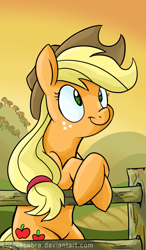 Size: 391x670 | Tagged: safe, artist:spainfischer, character:applejack, species:pony, bipedal, bipedal leaning, female, fence, looking up, solo