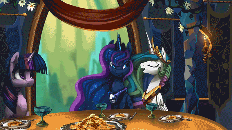 Size: 800x450 | Tagged: safe, artist:alumx, artist:equum_amici, character:princess celestia, character:princess luna, character:twilight sparkle, character:twilight sparkle (alicorn), species:alicorn, species:pony, episode:gauntlet of fire, g4, my little pony: friendship is magic, animated, cinemagraph, depth of field, female, food, lemon, mare, pancakes, parallaxing, royal sisters, scene interpretation, table