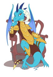 Size: 1384x2000 | Tagged: safe, artist:bluntwhiskey, character:princess ember, species:dragon, episode:gauntlet of fire, g4, my little pony: friendship is magic, armor, chair, dragon armor, dragon lord ember, female, jarl pose, looking at you, queen, sitting, solo, throne, throne slouch