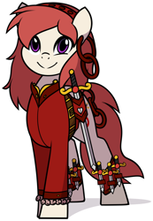 Size: 1280x1846 | Tagged: safe, artist:furrgroup, oc, oc only, oc:rosa lanzar, species:earth pony, species:pony, clothing, coat, dagger, ear piercing, earring, female, jewelry, knife, looking at you, mare, piercing, simple background, smiling, solo, sword, weapon, white background