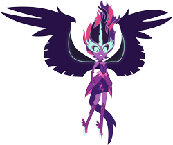 Size: 4990x4172 | Tagged: safe, artist:illumnious, character:midnight sparkle, character:twilight sparkle, character:twilight sparkle (scitwi), species:eqg human, equestria girls:friendship games, g4, my little pony: equestria girls, my little pony:equestria girls, absurd resolution, adobe illustrator, bare shoulders, clothing, dress, female, fingerless gloves, floating, gloves, glowing eyes, horn, midnight sparkle, simple background, sleeveless, solo, strapless, transparent background, vector, wings