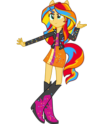 Size: 4355x6233 | Tagged: safe, artist:illumnious, character:sunset shimmer, ponyscape, my little pony:equestria girls, absurd resolution, boots, clothing, confetti, crossed legs, high heel boots, jacket, leather jacket, ponied up, ponytail, rainbow hair, rainbow power, rainbow power-ified, rainbow tail, simple background, skirt, transparent background, vector