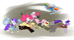 Size: 1267x688 | Tagged: safe, artist:metal-kitty, character:applejack, character:fluttershy, character:pinkie pie, character:rainbow dash, character:rarity, character:twilight sparkle, character:twilight sparkle (alicorn), species:alicorn, species:pony, crossover, female, flying, magic, mane six, mare, pronking, skyrim, sword, the elder scrolls, weapon