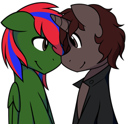Size: 2133x2088 | Tagged: safe, artist:furrgroup, oc, oc only, oc:charmed fortune, oc:praetorianoverlord, boop, brown eyes, clothing, eye contact, gay, jacket, looking at each other, male, nuzzling