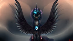 Size: 1191x670 | Tagged: safe, artist:alumx, character:nightmare moon, character:princess luna, armor, bust, female, full face view, lidded eyes, looking at you, paint tool sai, photoshop, portrait, signature, solo, spread wings, waist up, wings