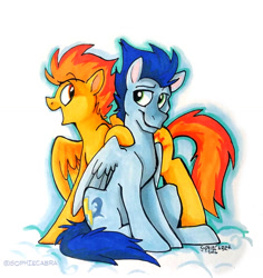 Size: 1376x1456 | Tagged: safe, artist:spainfischer, character:soarin', character:spitfire, species:pegasus, species:pony, ship:soarinfire, backwards cutie mark, cloud, female, hoof on shoulder, male, marker drawing, open mouth, profile, shipping, signature, simple background, sitting, straight, traditional art, white background, younger