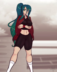 Size: 2019x2572 | Tagged: safe, artist:scorpdk, character:queen chrysalis, species:human, abs, belly button, breasts, busty queen chrysalis, clothing, crossed arms, female, humanized, jacket, looking at you, midriff, socks, solo, sweatpants, wristband