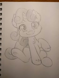 Size: 960x1280 | Tagged: safe, artist:dstears, character:sweetie belle, cheek fluff, chest fluff, cute, diasweetes, ear fluff, female, fluffy, looking at you, monochrome, pencil drawing, sketch, sketchbook, solo, traditional art, unshorn fetlocks
