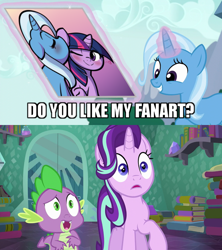 Size: 640x720 | Tagged: safe, artist:furrgroup, edit, edited screencap, screencap, character:spike, character:starlight glimmer, character:trixie, character:twilight sparkle, species:pony, species:unicorn, ship:twixie, episode:no second prances, episode:the crystalling, g4, my little pony: friendship is magic, blushing, c:, cute, eyes closed, female, floppy ears, heart, image macro, kissing, lesbian, mare, meme, nuzzling, shipping, smiling, trixie yells at everything, trixie's poster, wink
