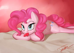 Size: 1250x900 | Tagged: safe, artist:elzzombie, character:pinkie pie, species:earth pony, species:pony, bedroom eyes, cute, diapinkes, female, heart, lying down, mare, mouth hold, prone, signature, solo, sploot