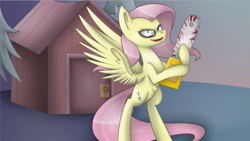 Size: 799x450 | Tagged: safe, artist:despotshy, character:fluttershy, .mov, blood, chainsaw, female, fluttershed, solo