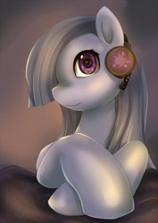 Size: 700x990 | Tagged: safe, artist:bakki, character:marble pie, species:earth pony, species:pony, female, gradient background, headset, looking at you, lying down, smiling, solo