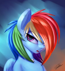 Size: 2000x2200 | Tagged: safe, artist:elzzombie, character:rainbow dash, species:pegasus, species:pony, abstract background, alternate hairstyle, beauty mark, bust, featured on derpibooru, female, heart, jewelry, lidded eyes, looking at you, necklace, open mouth, piercing, portrait, sexy, signature, skull, snake bites, solo