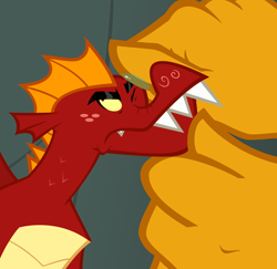 Size: 600x584 | Tagged: safe, artist:queencold, character:garble, oc, oc:caldera, species:dragon, claws, dragoness, eyebrows, eyeroll, frown, grooming, mother and son, spit, teenaged dragon